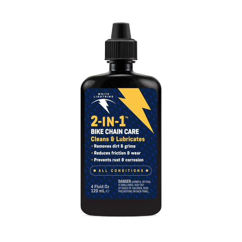 WHITE LIGHTNING زيت دراجات وايت لايتنينغ 2 في 1 - ينظف، يشحم ويحمي سلاسل وتروس الدراجات، يقلل الاحتكاك، يمنع الصدأ، 4 أونصات سائلة - Image 1